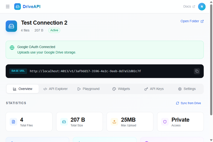 DriveWidget dashboard — connection overview